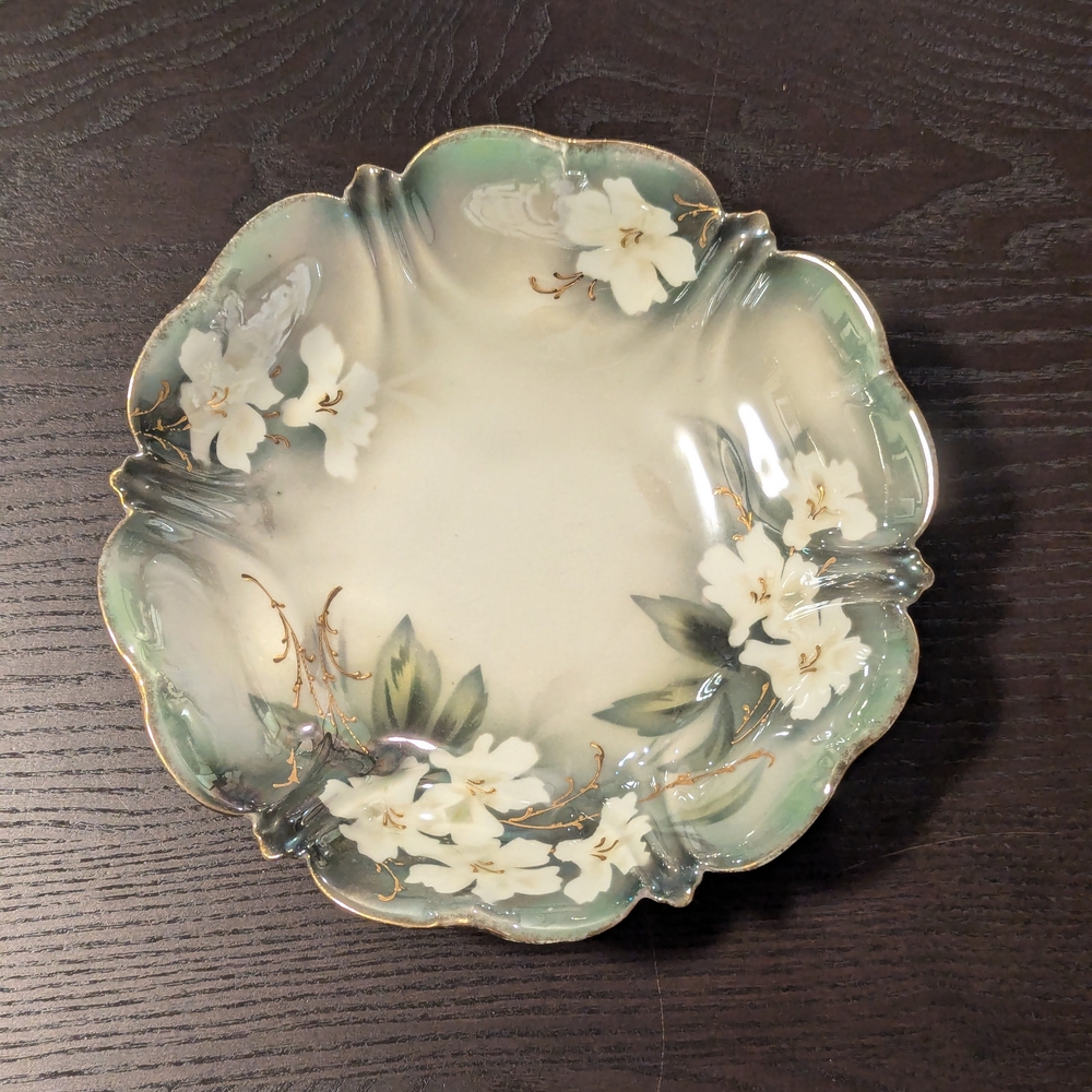 Antique RS Prussia Serving Bowl, Dogwood Flowers, Gold Details, Sage Green
